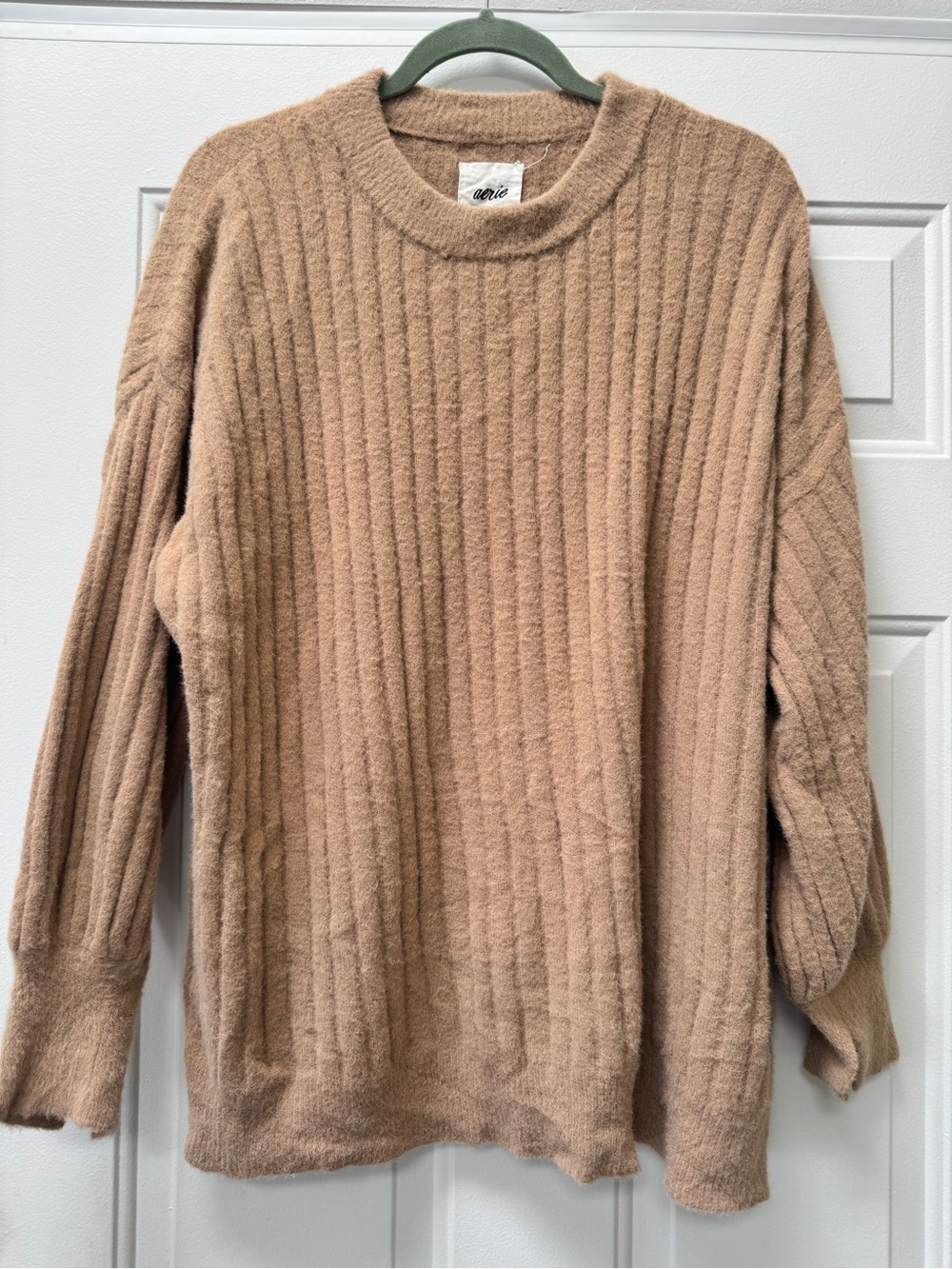 aerie Ribbed Crewneck Sweater in Camel Tan